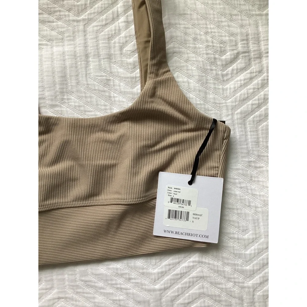 Beach Riot Sport Taupe Ribbed Bralette Crop Top Women's Size S Made in USA‎